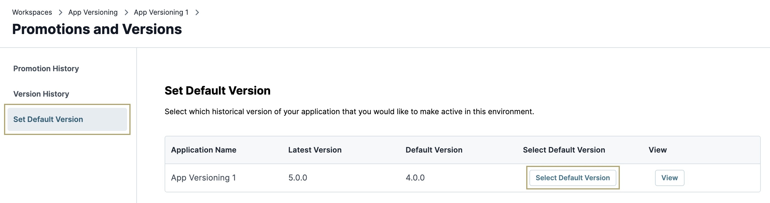 A static image displaying the Set Default Version tab and the button to change the default version in your Production environment.