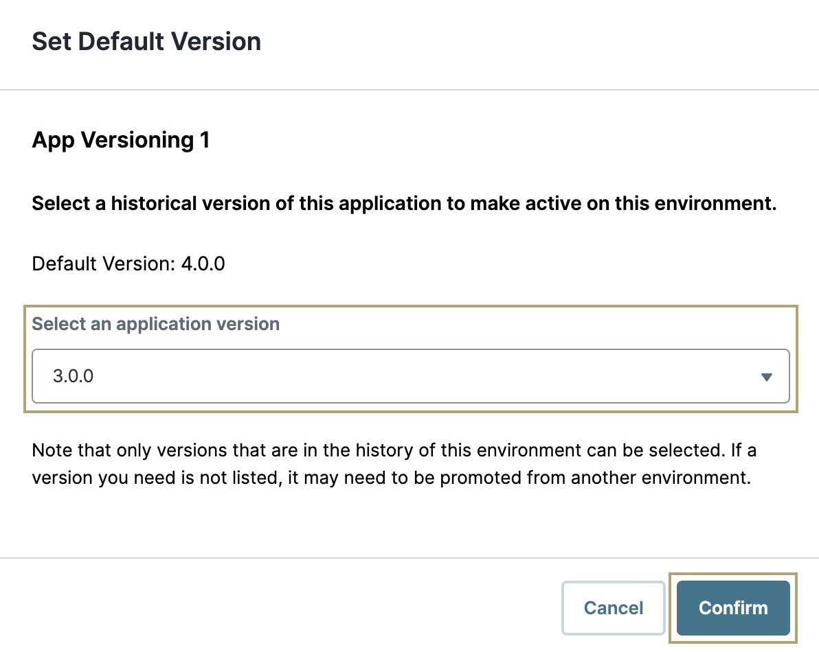 A static image displaying the Set Default Version modal where you can select a new Production-level version.