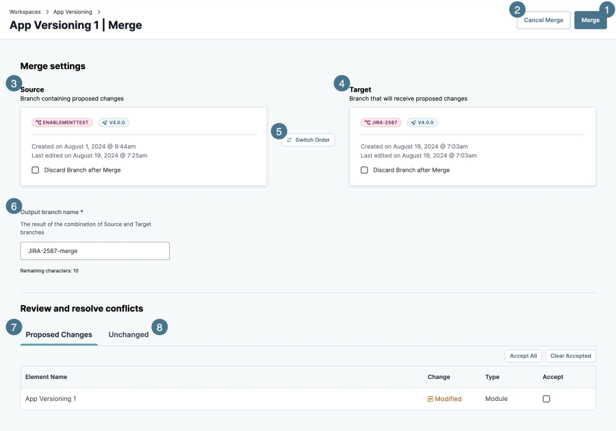 A static image displaying the Application Versioning's Merge page.