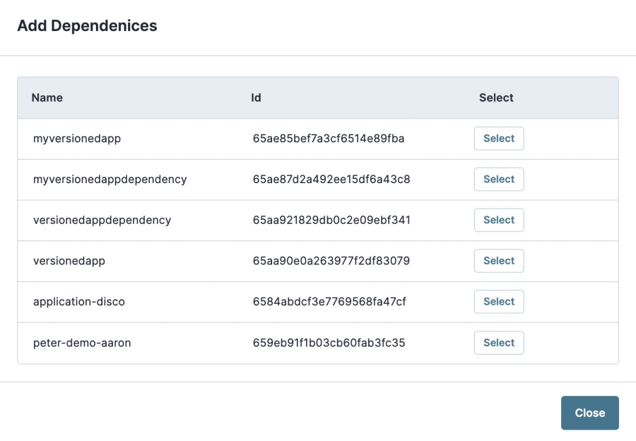 A static image displaying the Add Dependencies modal with all available dependency applications in your environment.