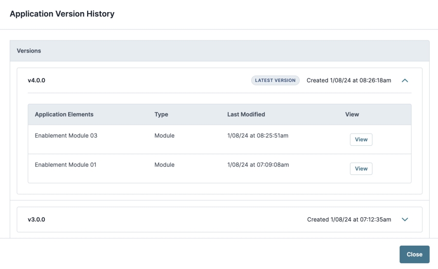 A static image displaying the Application Version History modal and the latest version expanded to see its details.