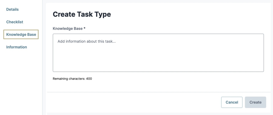 A static image displaying the Knowledge Base tab on the Create Task Type page.