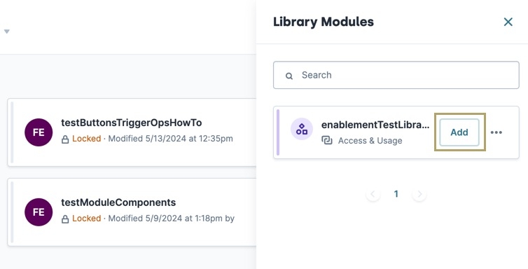 Static image displaying the Library Modules menu with the Add button highlighted to add a shared library element to an application.