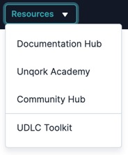 A static image displaying the Resources drop-down with options like Documentation Hub and Community Hub.