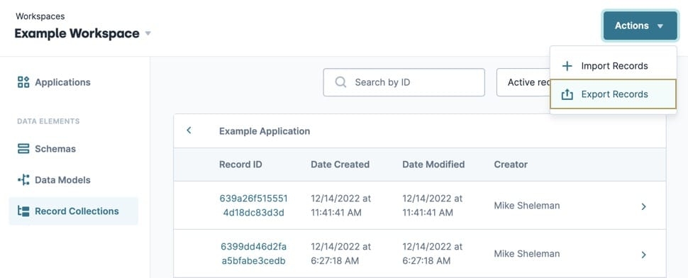 A static image showing a collection in the Records Collection page, the Actions button is selected and the Exprot Records button is highlighted.