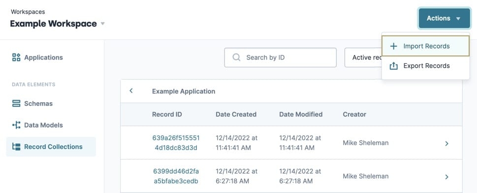 A static image displaying a collection in the Records Collection page, the Actions button is selected and the Import Records button is highlighted.