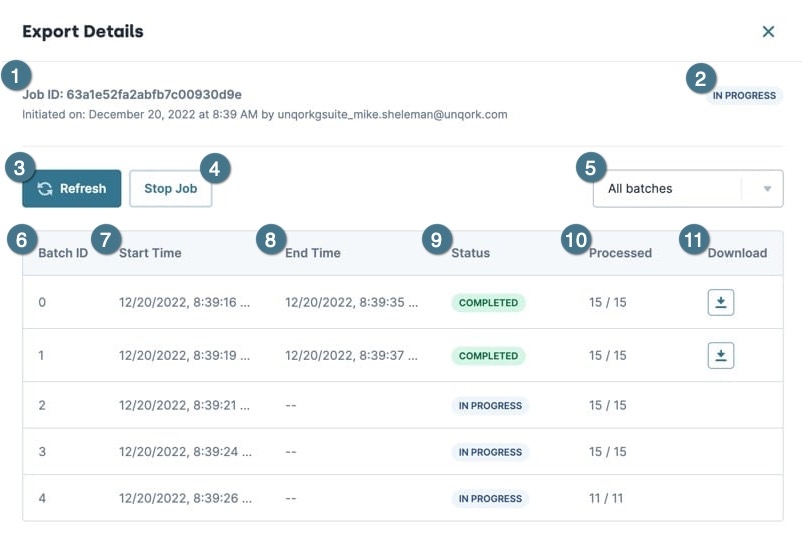 The Job Tracker Export Details window.