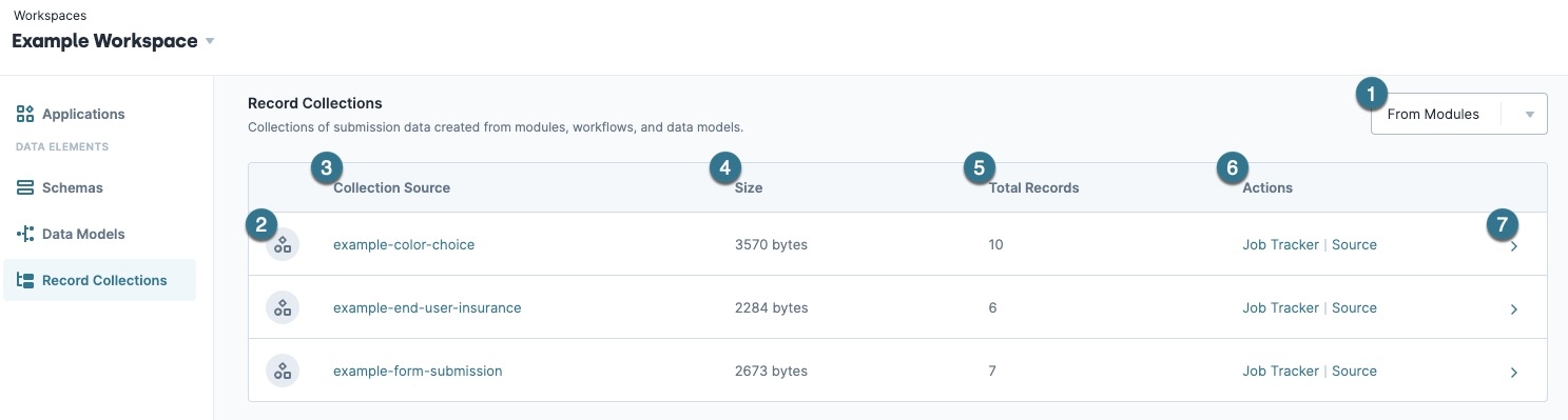 A static image displaying the Record Collections Viewer. Each feature is labeled and corresponds to the table below.