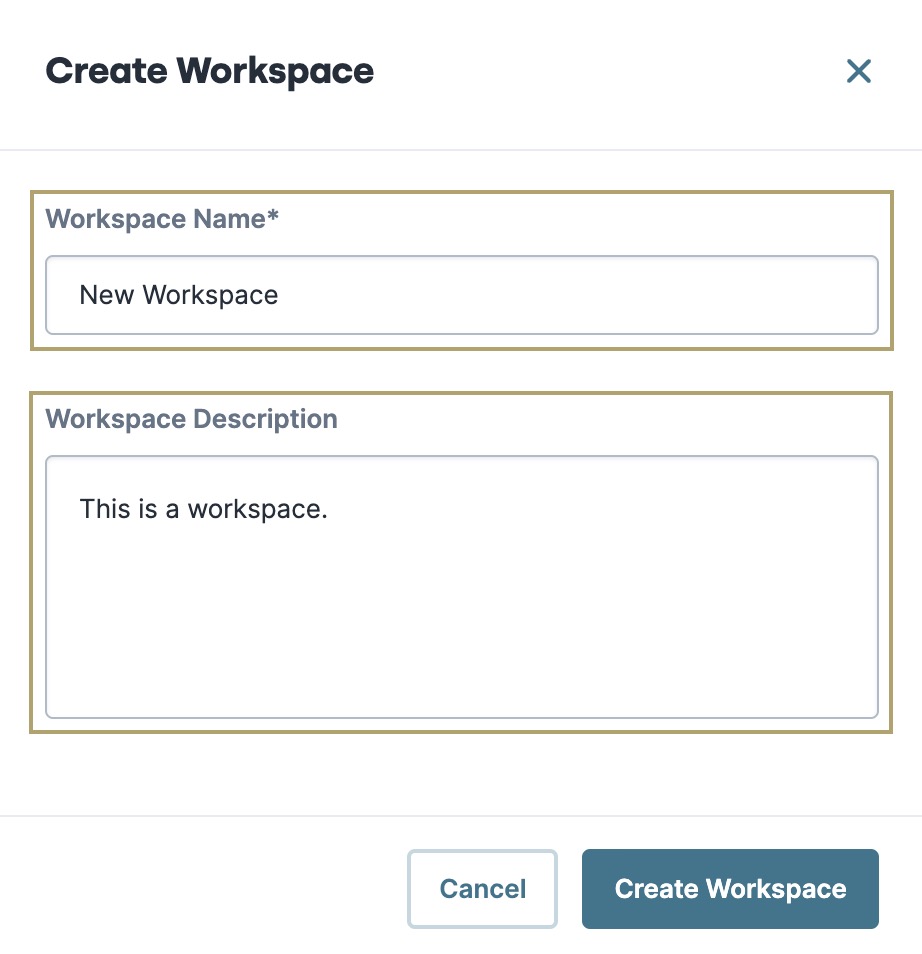 A static image displaying a sample workspace name and description when creating a new workspace.