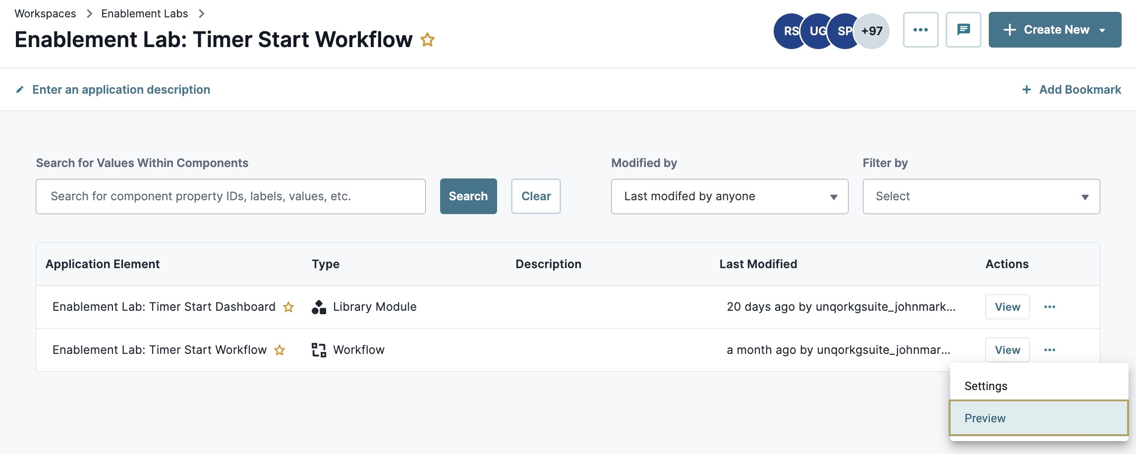 Static image displaying the ellipsis preview button on the application elements page.