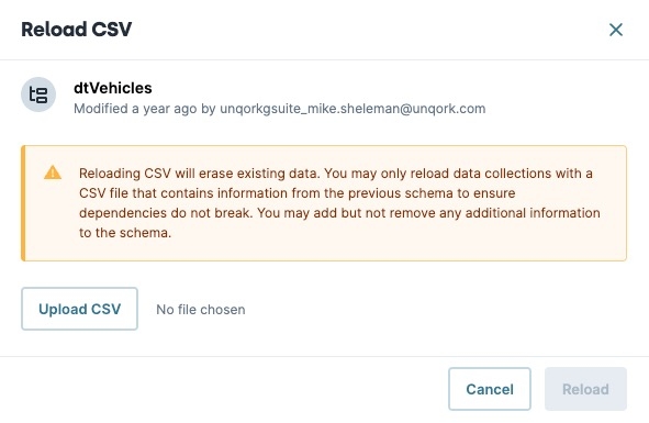 A static image displaying the Reload CSV Modal.