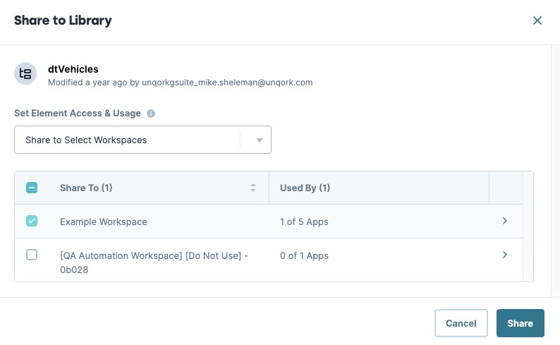 A static image displaying the Share To Library Modal