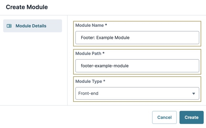 A static image displaying the Create Module modal with the Module Name, Path, and Type fields populated.