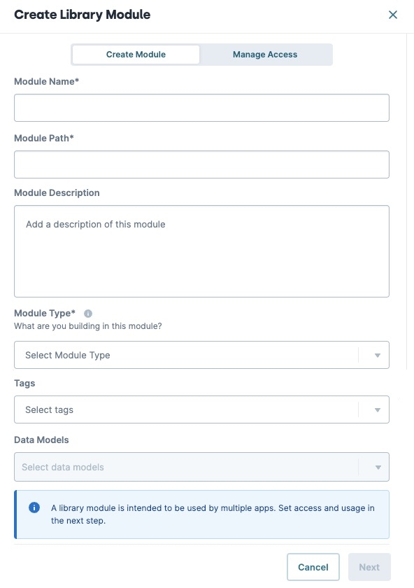 Static image displaying the Create Library Module modal UDesigner which displays after creating a new library element.