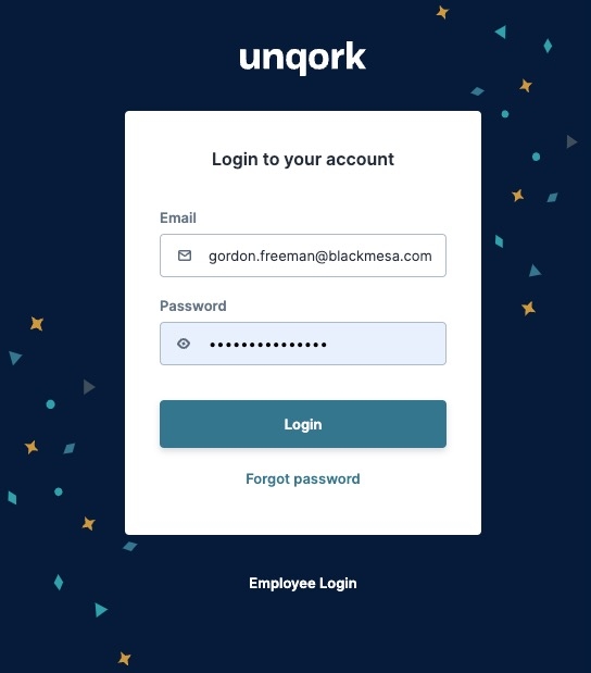 A static image of the login screen for Unqork environments.