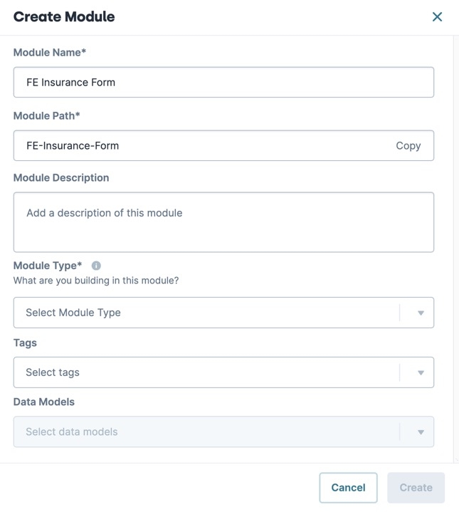 A static image displaying the Create Module modal.
