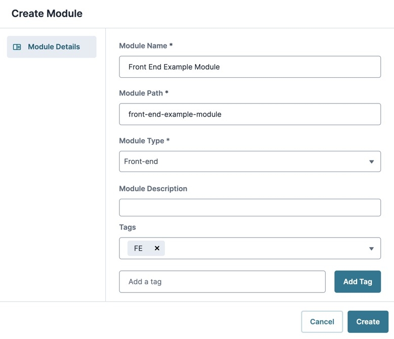A static image displaying the Create Module modal.