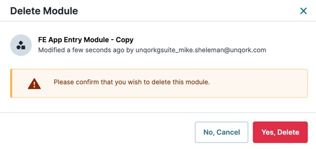 A static image displaying the Delete Module modal.