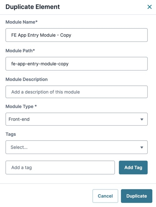 A static image displaying the Duplicate Element modal.