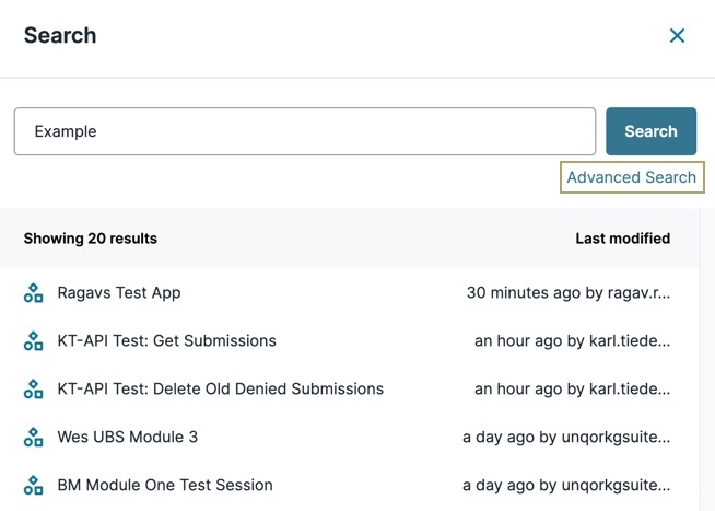 A static image displaying the Global Search modal. The Advanced Search text is highlighted.