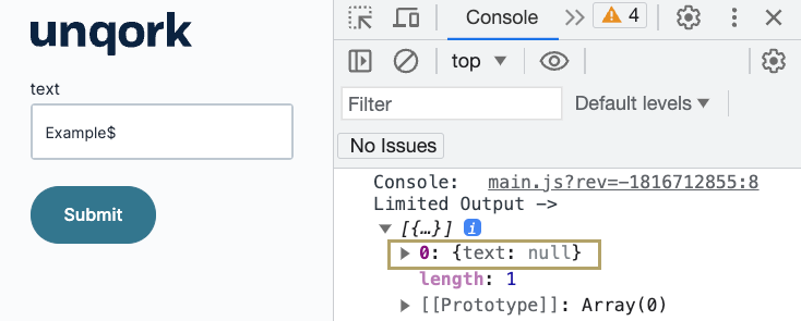 Image showing the DevTools Console returning null for Data Workflow argument inputs that end with a $ symbol.