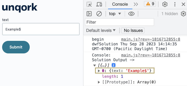 Image showing the DevTools Console returning the correc text output for Data Workflow argument inputs that end with a $ symbol.