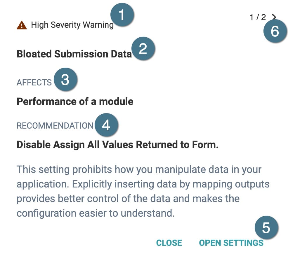 A static image depicting the component severity panel. Four sections are highlighted by a numerical value including: 1 The severity level, 2 - What features of the module the severity affects, 3 - Recommendations on how to fix the issue, 4 - The Open Settings link that opens the affected component's configuration settings.