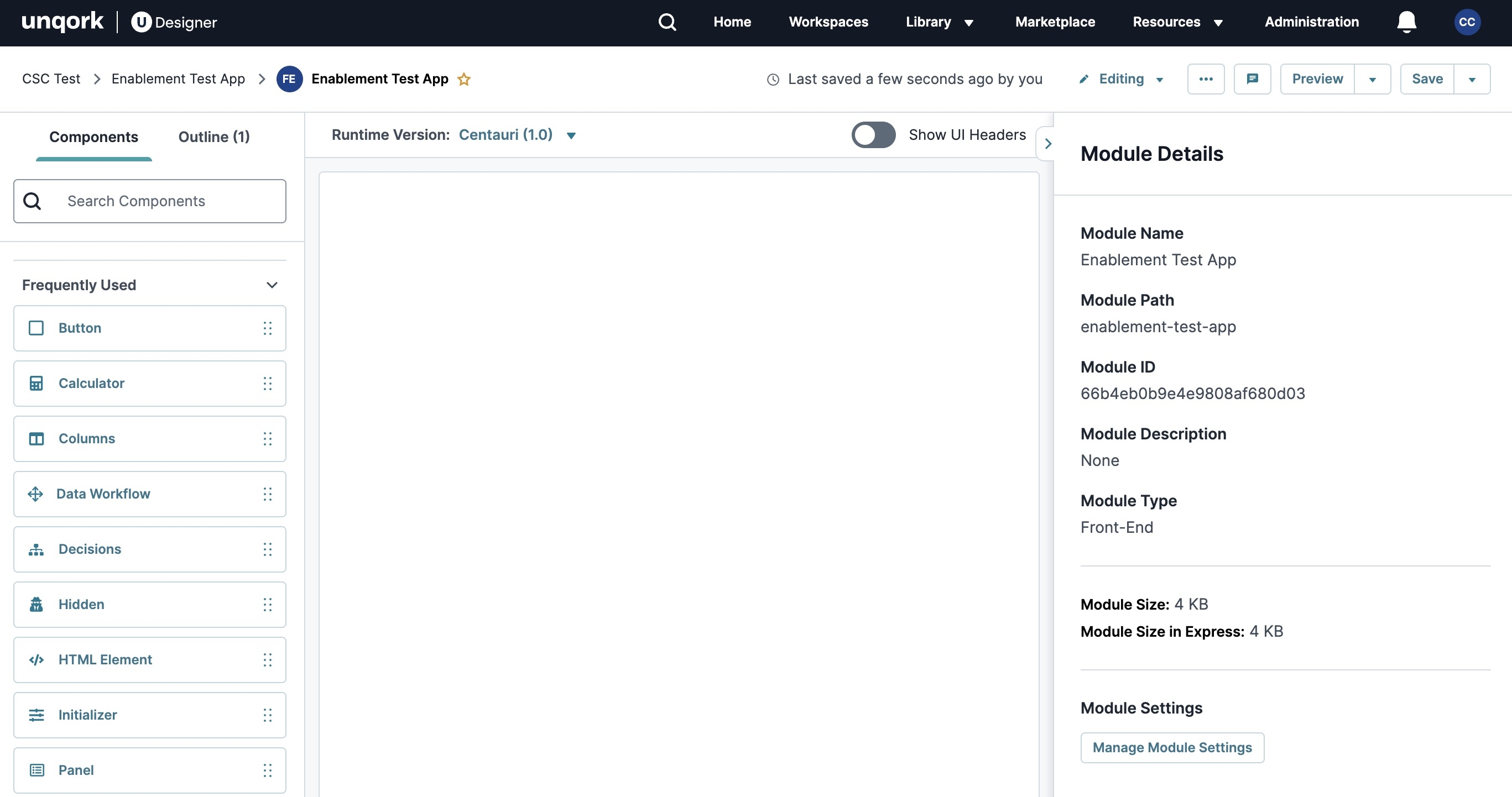 A static image displaying the Module Editor in the Unqork Platform.