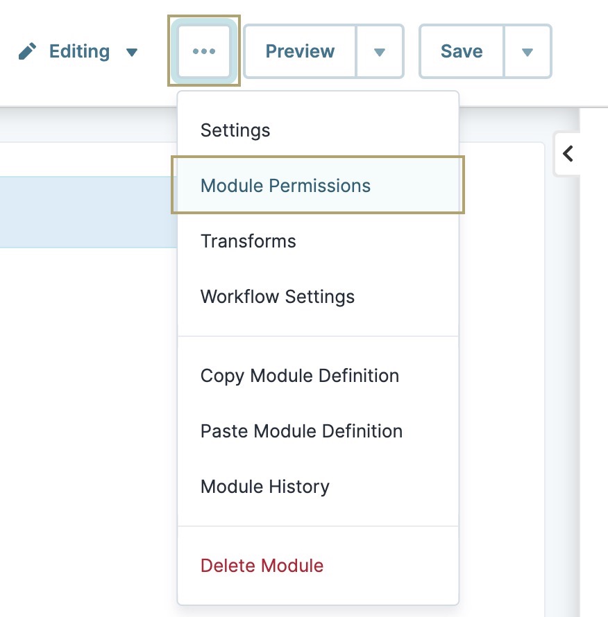 A static image displaying how to access the Module Permissions modal.