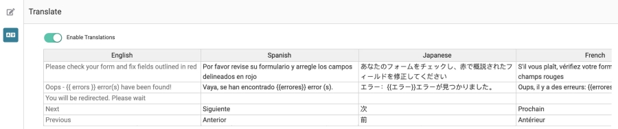 A static image displaying an example of how the Translate Settings Translate table might look.