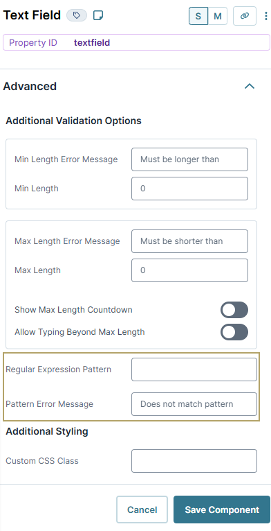 A static image displaying the Text Field configuration screen, the Regular Expression Patter (Regex) and Pattern Error Message fields are highlighted.