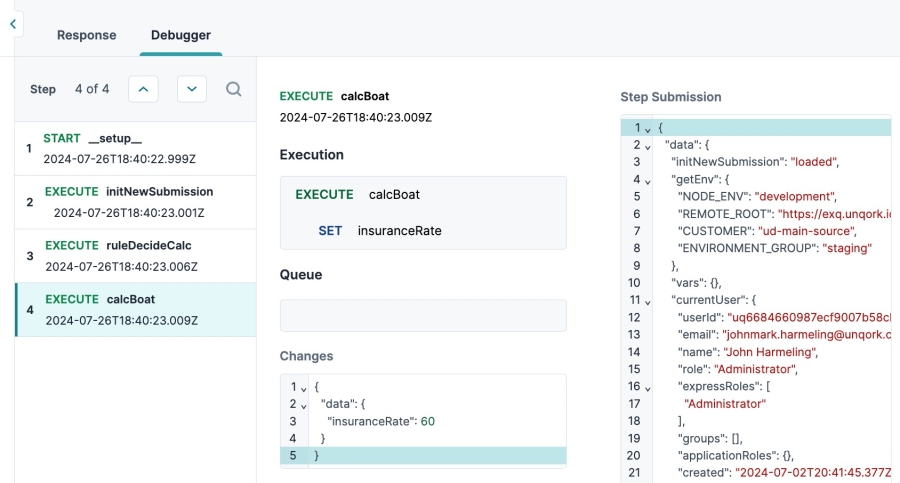 Static image showing the Server Side Testing page Debugger tab showing a test outcome.