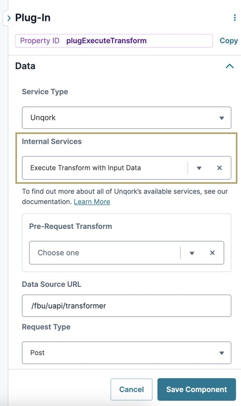 A static image displaying how to select the Execute Transform with Input Data Internal Service in UDesigner.