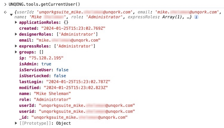 A static image dispaying the Get Current User function in the DevTools Console.