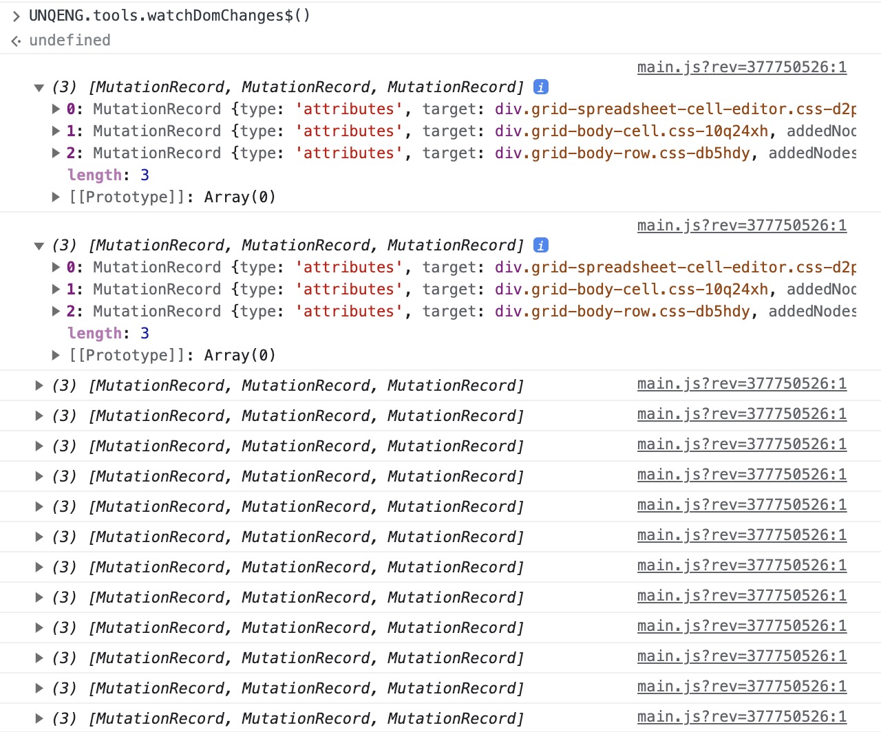 A static image dispaying the Watch DOM Changes function in the DevTools Console.