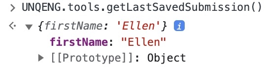 A static image dispaying the Get Last Saved Submission function in the DevTools Console.