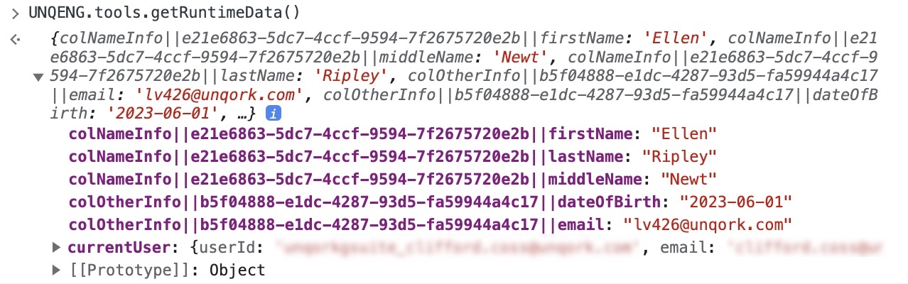 A static image dispaying the Get Runtime Data function in the DevTools Console.