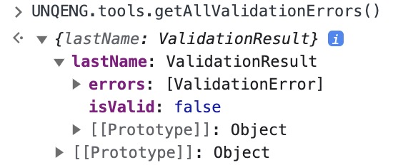 A static image dispaying the Get All Validation Errors function in the DevTools Console.