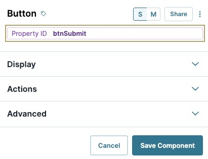 A static image displaying a Buttom component's configuration window. The Property ID is highlighted.