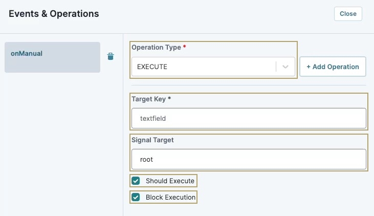 A static image displaying the Operations Builder modal. The Operation Type and Target field keys are highlighted.