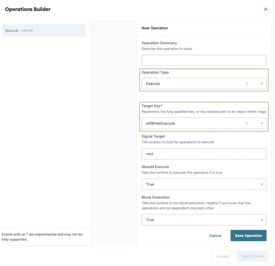 A static image displaying the Operations Builder modal. The Operation Type and Target field keys are highlighted.