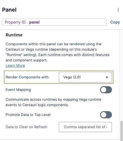 A stati image displaying the Panel component Display settings, the Runtime is set to Vega.