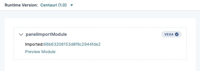 A static image displaying the module canvas, a Panel component displays the vega badge and a module ID for import.