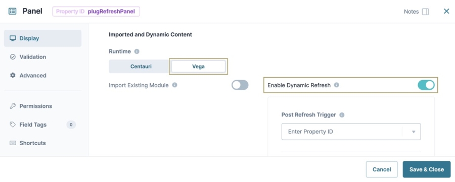 A static image displaying a Panel component with the Runtime set to Vega, and Dynamic Refresh enabled.