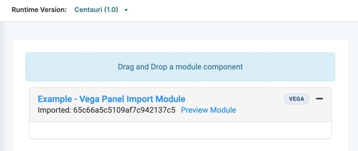 A static image displaying the module canvas, a Panel component displays the vega badge and a module ID for import.