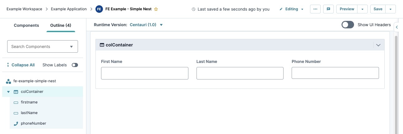 A static example displaying three text field components nested in a columns component.