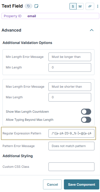 A static image displaying the Text Field configuration window, the Regular Express Pattern field is filled out with the following REGEX code  ([a-zA-Z0-9._%-]+@[a-zA-Z0-9.-]+\.[a-zA-Z]{2,6})*$