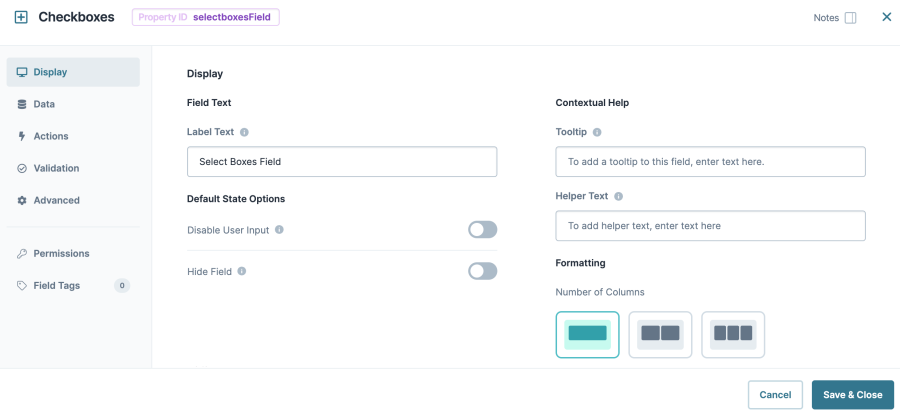 A static image dispaying the Checkboxes component's Display settings.