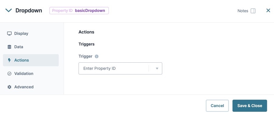 A static image dispaying the Dropdown component's Actions settings.