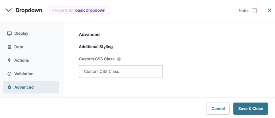 A static image dispaying the Dropdown component's Advanced settings.